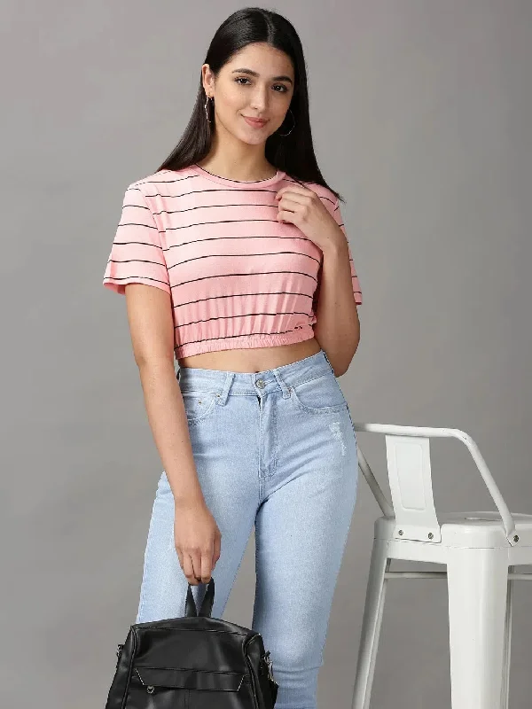 Women's Peach Striped Cinched Waist Crop Top-AE-10503-PeachCroptopsleeve