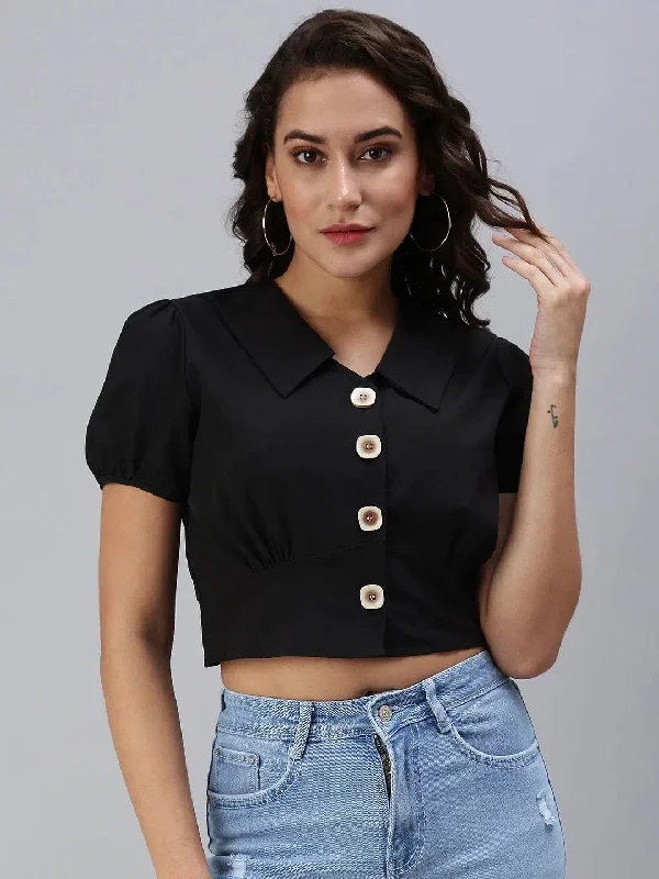 Women's Black Solid Crop Top-SH-7165-BlackCroptophoodie