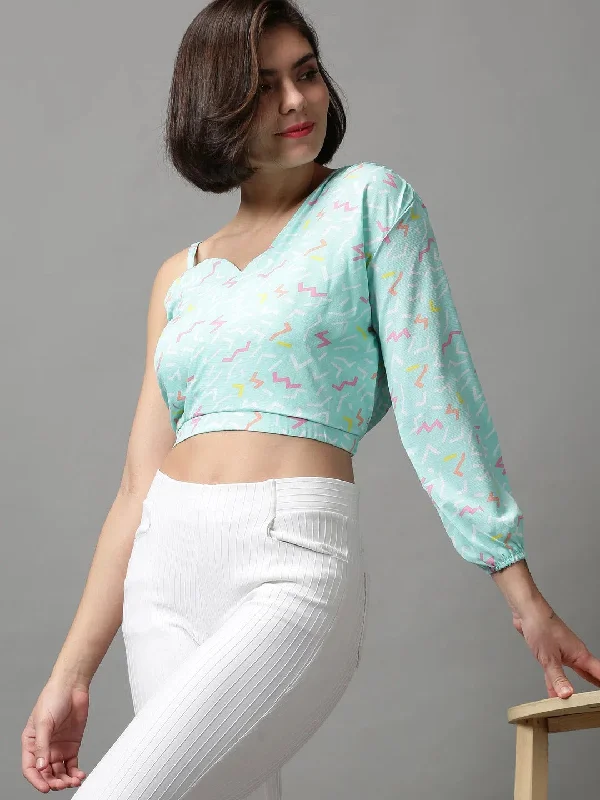 Women's Green Printed Crop Top-AE-10405-SeagreenCroptophem