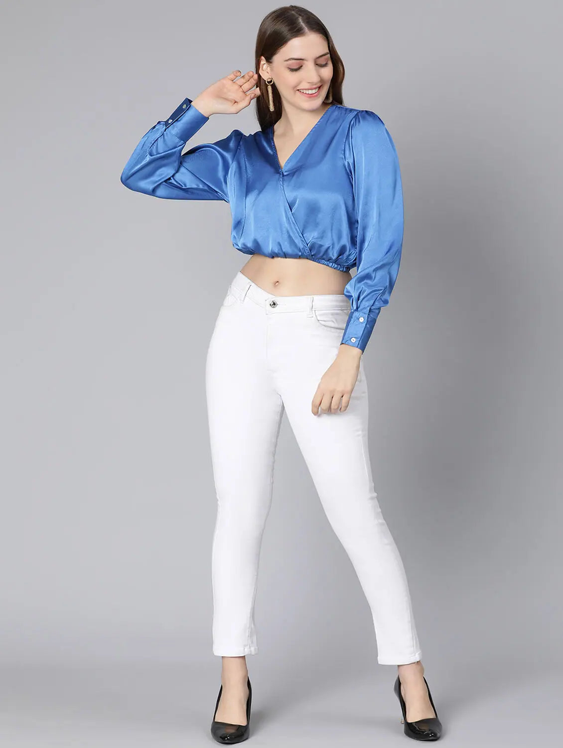 Party Wear Solid Blue Elasticated Women Partywear Satin Crop Top-SS22035WBL003_XLCroptoptexture