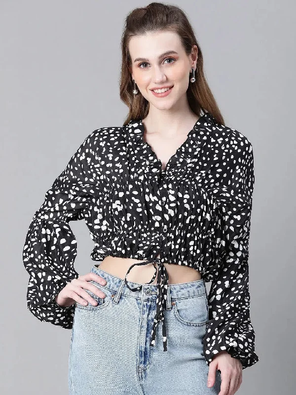 Women Black Animal Print Round Neck Long Sleeve Elasticated Tie-Up Crop Top-W23247WBL006Croptoptexture