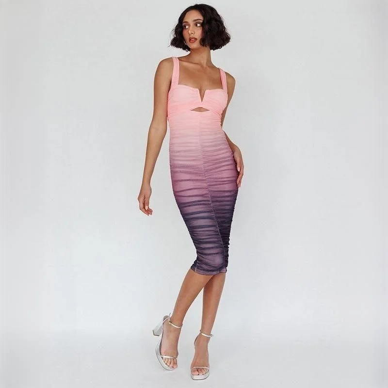 Chic Gradient Mesh Backless Bodycon Midi DressUtility Dress