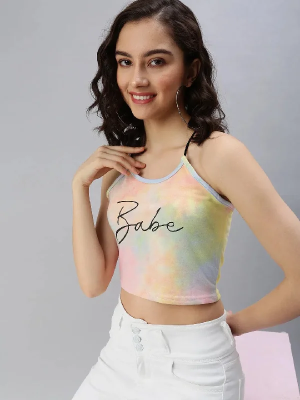 Women's Yellow Typographic Crop Top-SH-909-YellowCroptoptech