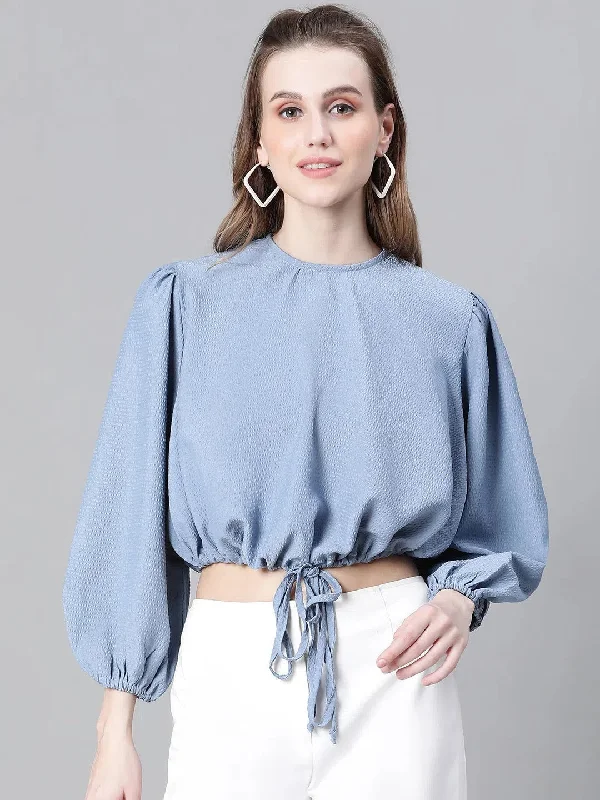 Women Blue Round Neck Long Sleeve Elasticated Tie-Up Crop Top-W23246WBL004Croptopknit