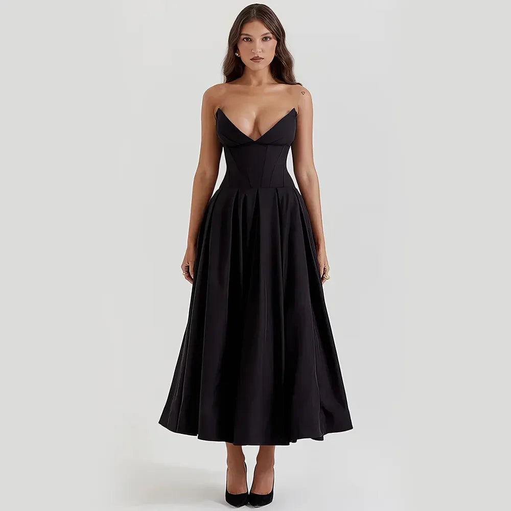 Elegant Black Spaghetti Strap Maxi DressA-line Dress