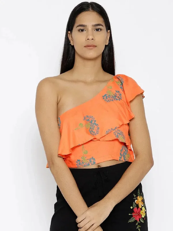 One shoulder frill printed crop top in PeachCroptopwool