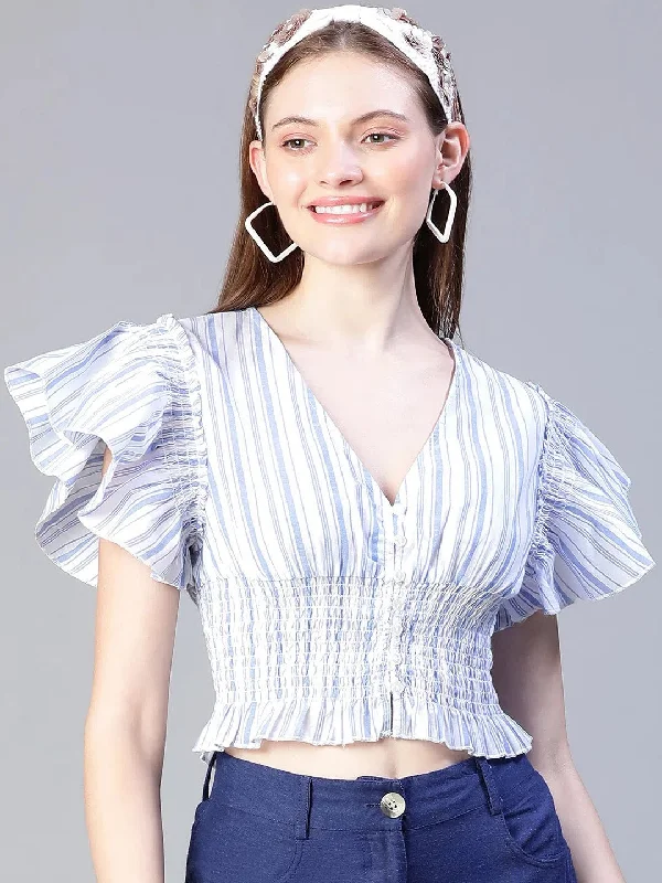 Women Blue Stripe Print Smocked V-Neck Crop Top-S23132WBL002Croptopclassic