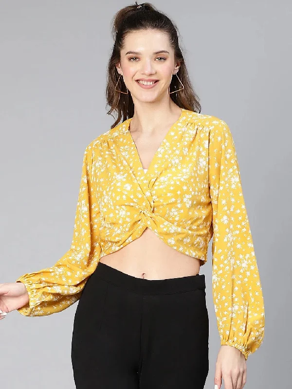 Women Yellow Floral Print Gathered Pleate Polyester Crop Top-S23041WBL002Croptopculture