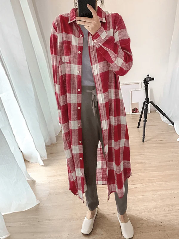 Women Plaid Commute Business Outer Wear Bottom down Front Loose Shirt Dress CardigansBall Gown