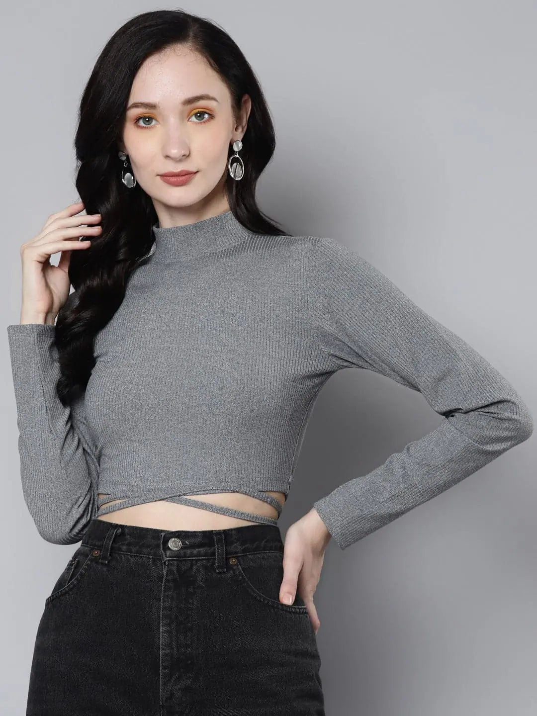 Women Light Grey Rib Waist Tie Crop TopCroptoplightweight