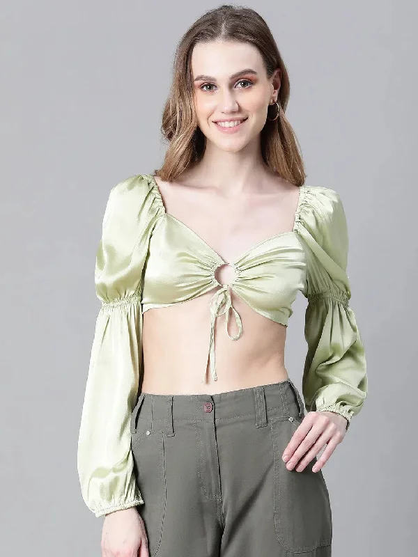 Women Soild Green V-Neck Ring With Tie-Up Detailed Satin Crop Top-W23072WBL003CroptopAI