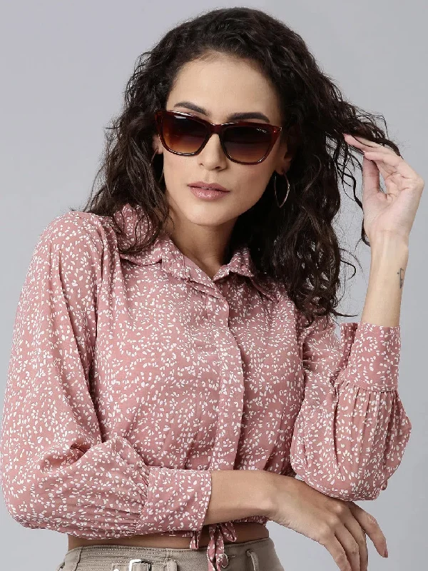 Women Mauve Printed Shirt StyleCrop Top-AE-7095-Mauve