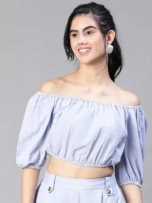 Women Blue Round Neck Elasticatedshort Sleeve Cotton Crop Top-S23146WBL003Croptopquality