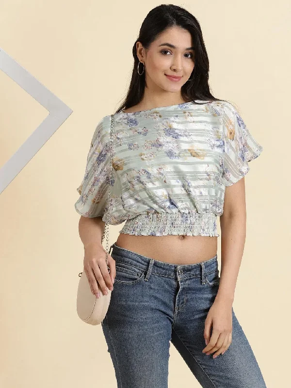 Women's Sea Green Printed Cinched Waist Crop Top-AE-10593-Seagreen