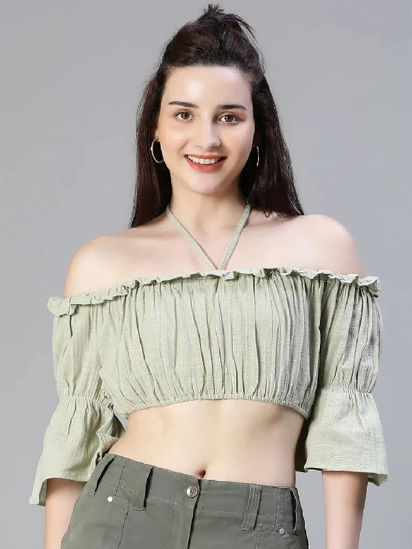 Women Light Green Ruffle Off -Shoulder Halter Crop Top-S23112WBL002Croptopcustom