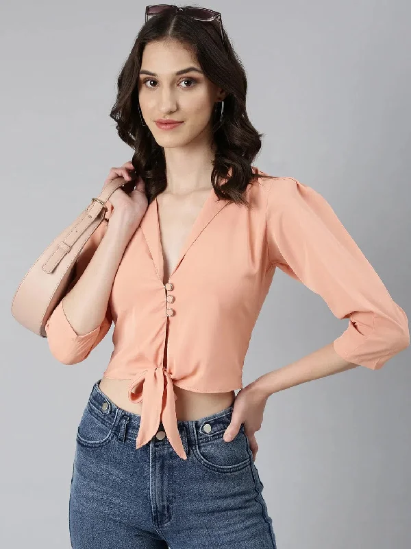 Women Peach Solid Shirt Style Crop Top-AE-10742-PeachCroptopfuture