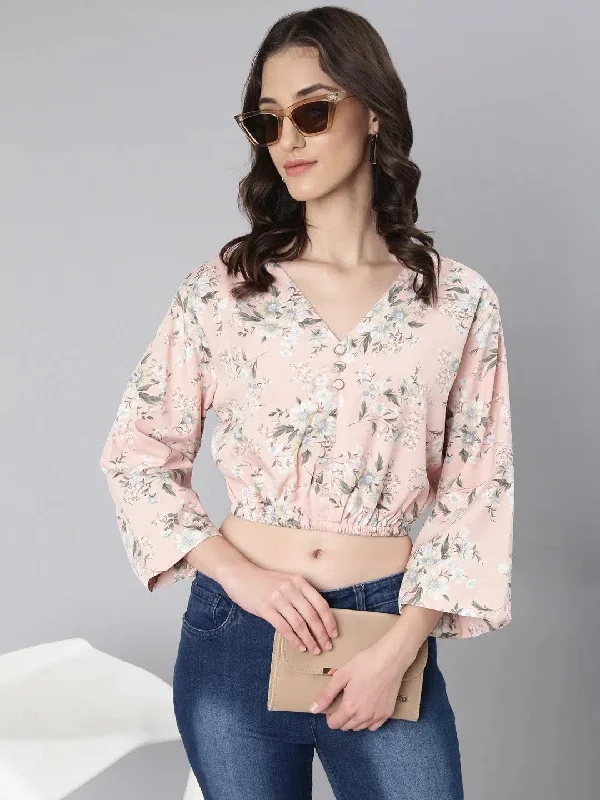 Women Peach Floral Blouson Crop Top-AE-10771-PeachCroptopdata