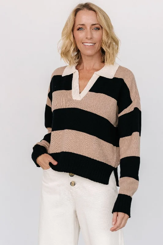 Alec Striped Sweater | Black + MochaFleece Knit Tops