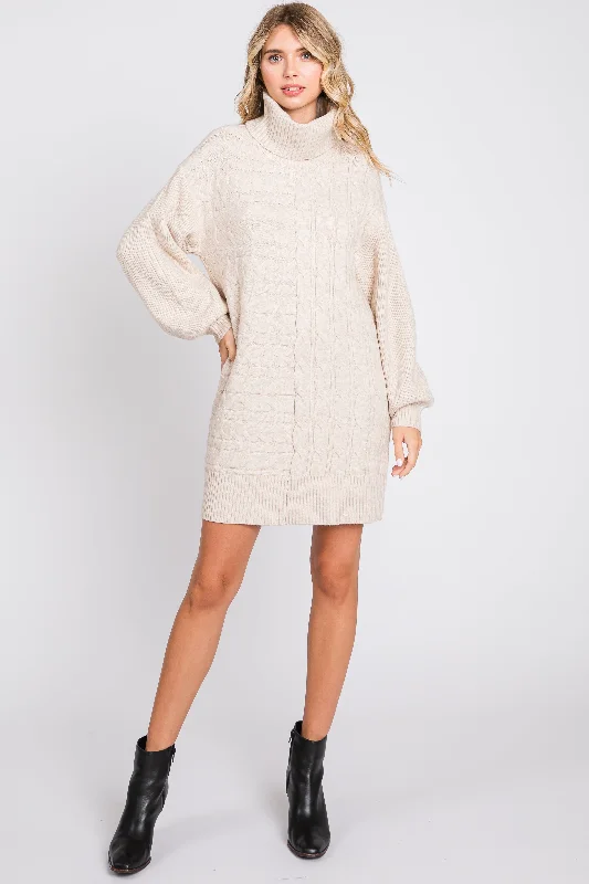 Beige Cable Knit Mini Sweater DressLounge Knit Tops