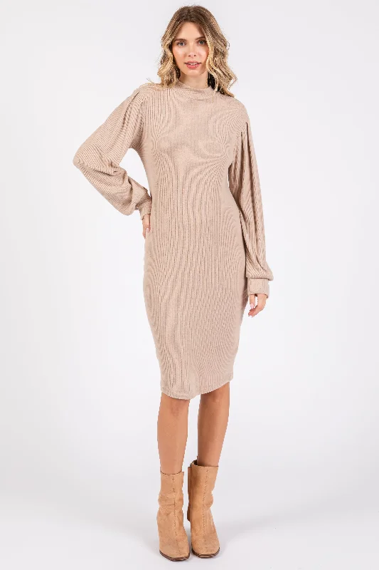 Beige Ribbed Long Sleeve Mock Neck DressThermal Knit Tops