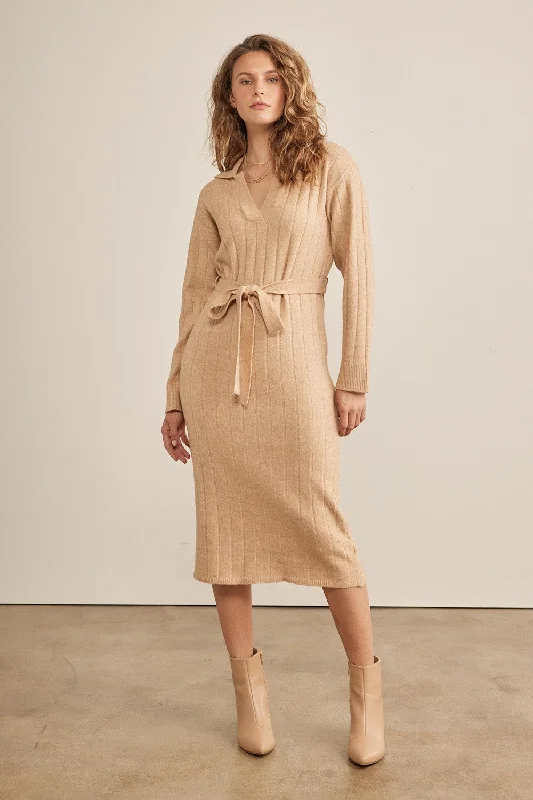 Beige Ribbed Sweater Collared Midi DressArtist Knit Tops