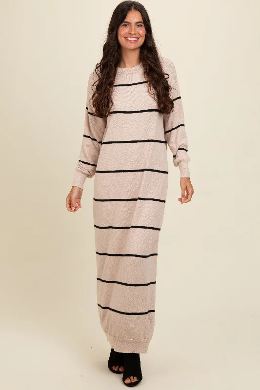 Beige Striped Knit Drop Shoulder Midi DressLogo Knit Tops