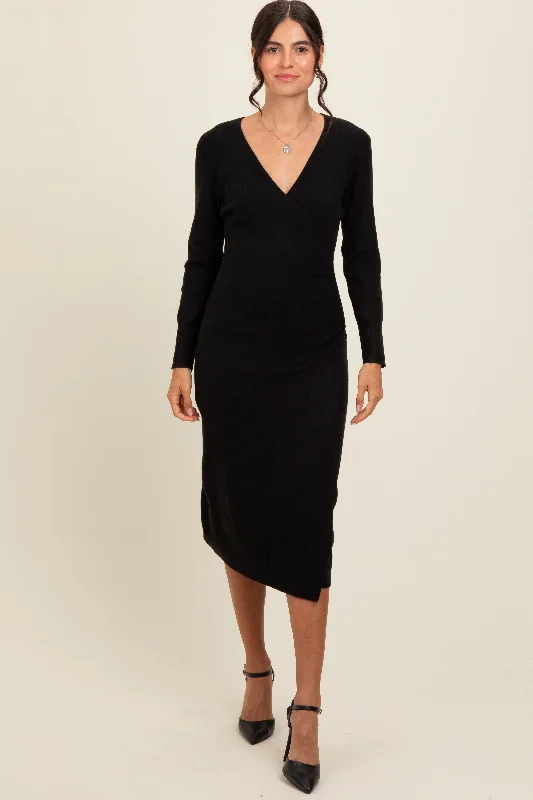 Black Knit Crossover Ruched Midi DressFrench Terry Knit Tops