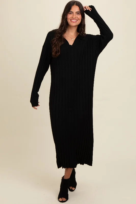 Black Ribbed Collared Midi Sweater DressLinen Knit Tops