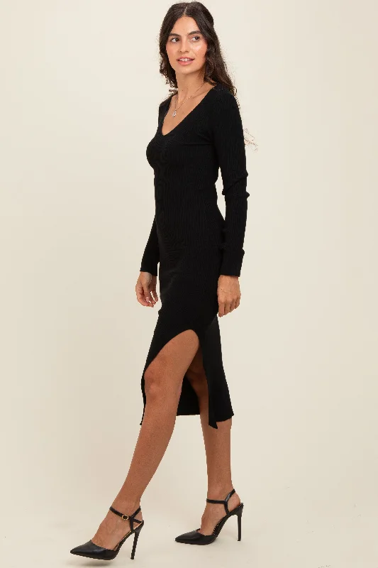 Black Ribbed Knit Side Slit Midi DressStreetwear Knit Tops