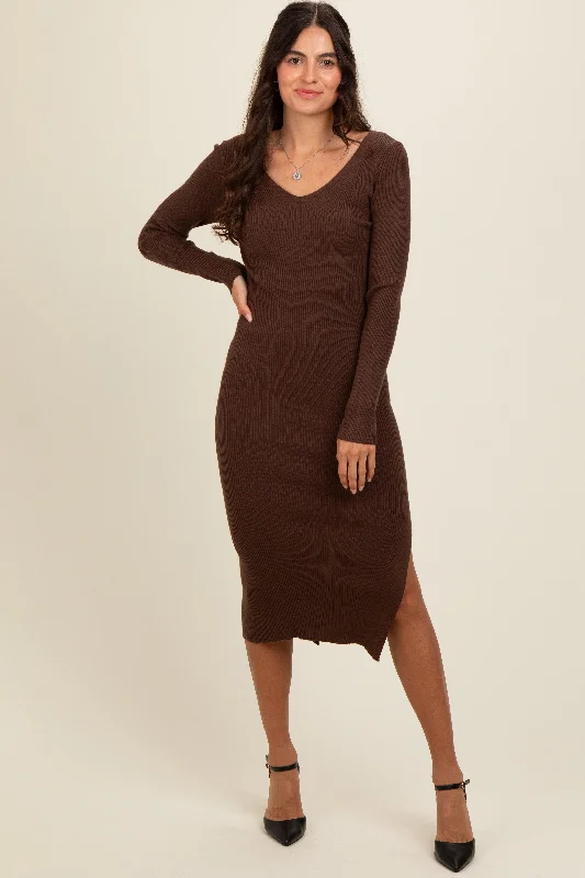 Brown Ribbed Knit Side Slit Midi DressLinen Knit Tops