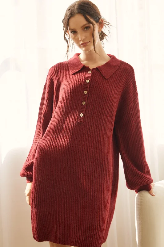 Burgundy Collared Button Front Sweater DressBeaded Knit Tops