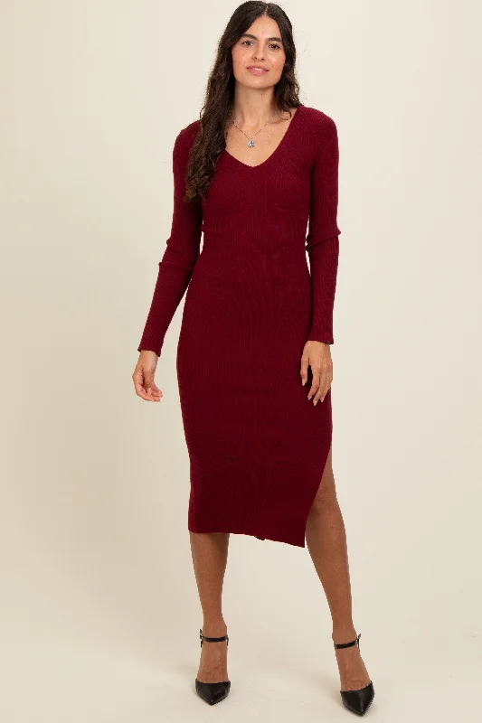 Burgundy Ribbed Knit Side Slit Midi DressArtist Knit Tops