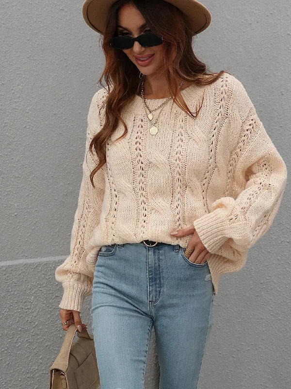 Cable-Knit Openwork Round Neck SweaterBranded Knit Tops