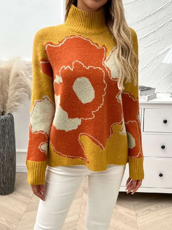 Color Matching Floral Polo Neck SweaterCollaborative Knit Tops