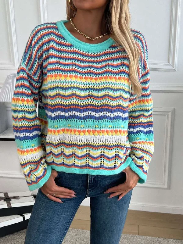 Contrast Color Striped Knitting SweaterOff-Shoulder Knit Tops