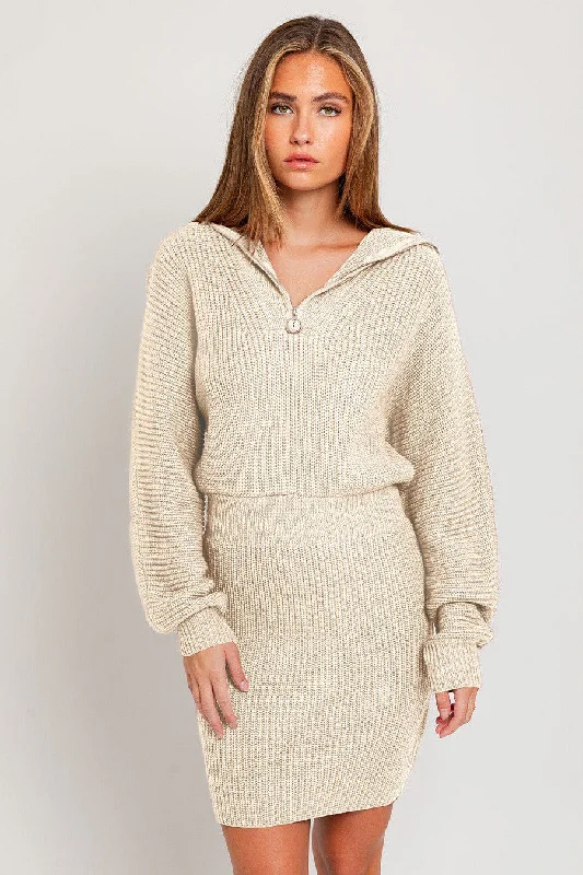 Cream Zipper Sweater DressOutdoor Knit Tops