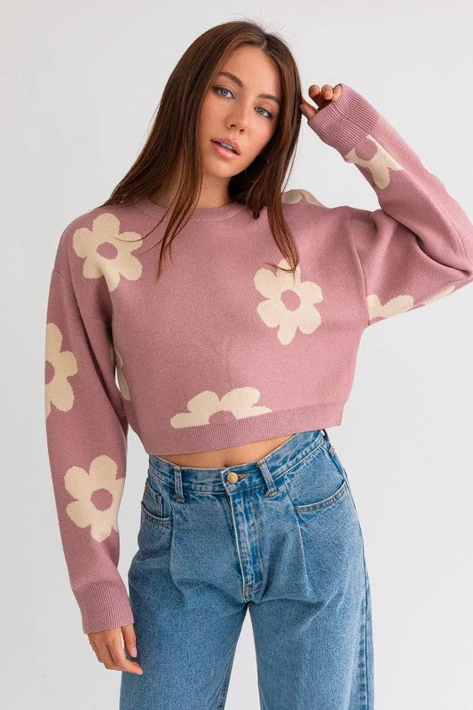 Crop Sweater with Daisy PatternHooded Knit Tops