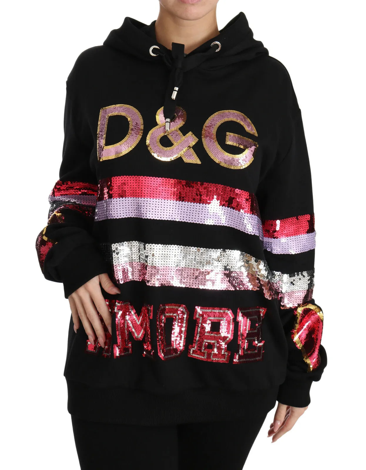 Dolce & Gabbana DG Sequined Hooded Pullover SweaterGraphic Knit Tops