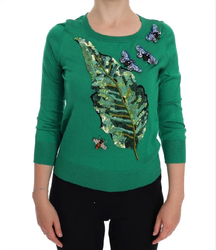 Dolce & Gabbana Embellished Green Silk Pullover SweaterGraphic Knit Tops