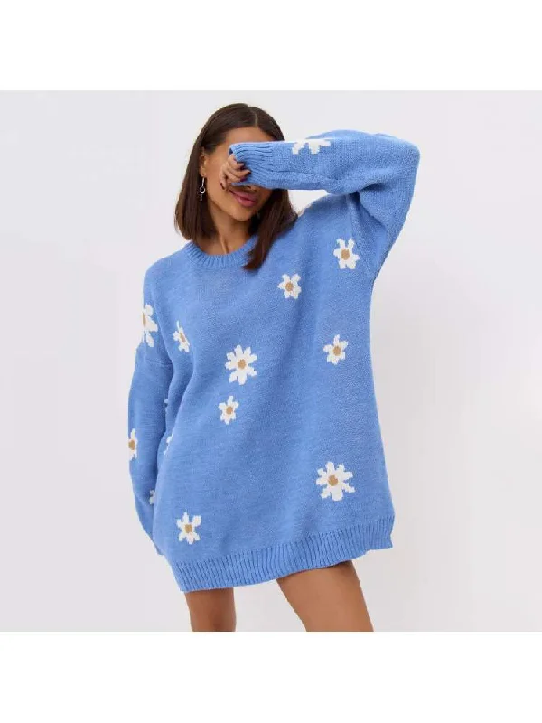 Embroidery Pullover Crewneck Flower Knit SweaterHigh-Fashion Knit Tops