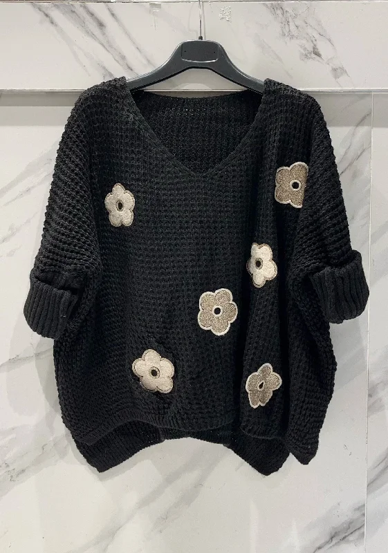 Flower Front Loose Knit SweaterMetallic Knit Tops