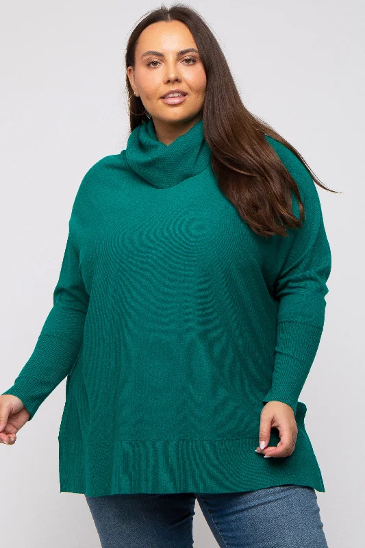 Forest Green Cowl Neck Dolman Sleeve Plus SweaterMetallic Knit Tops