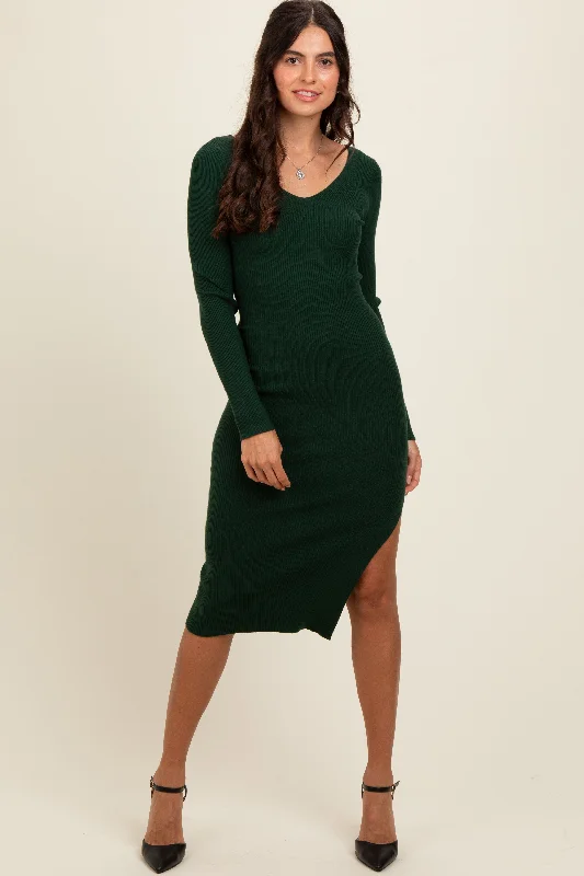 Forest Green Ribbed Knit Side Slit Midi DressOutdoor Knit Tops