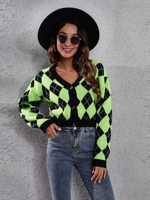 Geometric Button Up Long Sleeve CardiganCollege Knit Tops