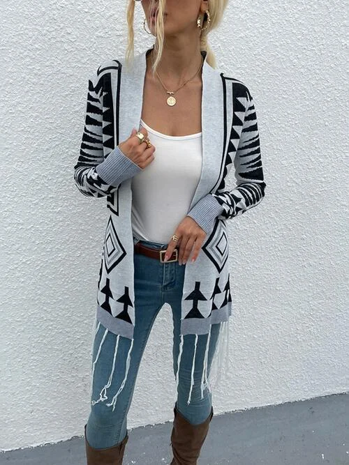 Geometric Fringe Hem Open Front CardiganHooded Knit Tops