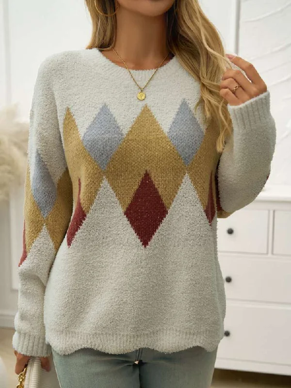 Geometric Jacquard Weave Loose SweaterRuffled Knit Tops