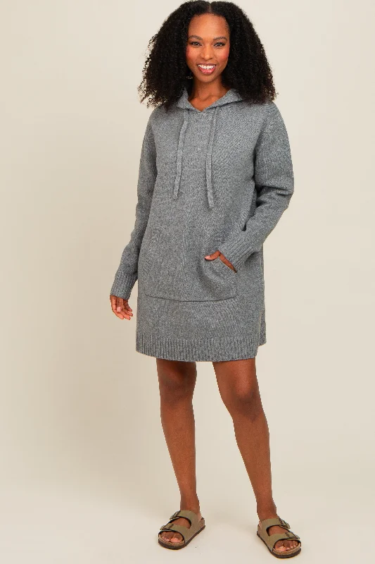 Grey Hooded Front Pocket Sweater DressLayered Knit Tops