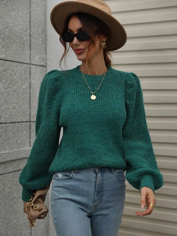 Heathered Long Lantern Sleeve Rib-Knit SweaterYoga Knit Tops