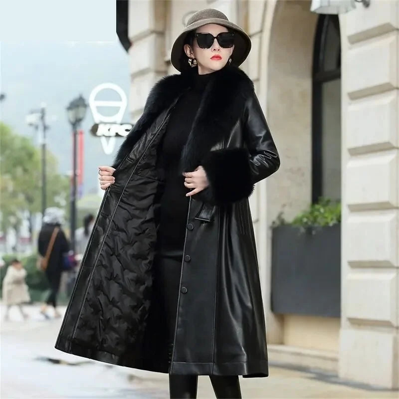 Summer JacketsWomen's Korean Style Real Sheepskin Leather Fox Collar Winter Coat