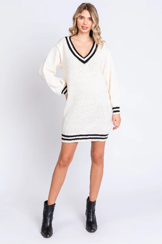 Ivory Oversized Varsity Striped V-Neck Sweater DressPainted Knit Tops